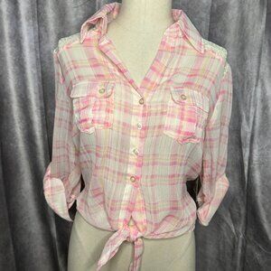 NEW Sheer Pink Plaid Button Up Shirt Crochet Country Festival Western XS